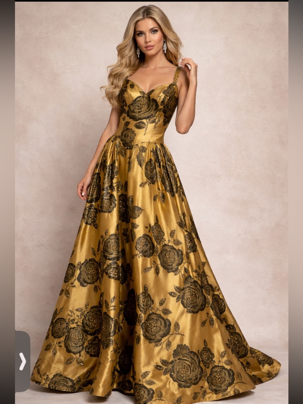 Jovani Formal Gold and Black Rose Evening Gown.